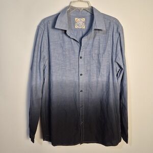 FLANNELABILITY Women L Graphic Button Down Ombre Blue Black 100 Cotton Shirt